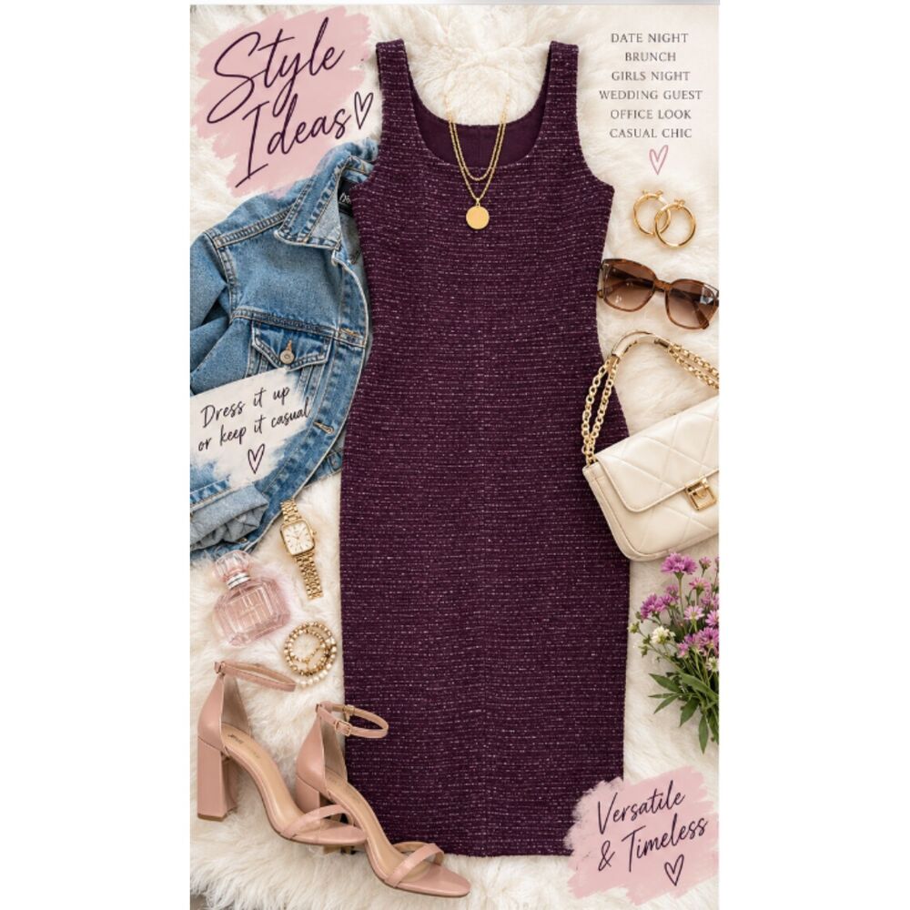 Popular Basics Purple Metallic Bodycon Midi Dress Size L Sparkle Party Cocktail